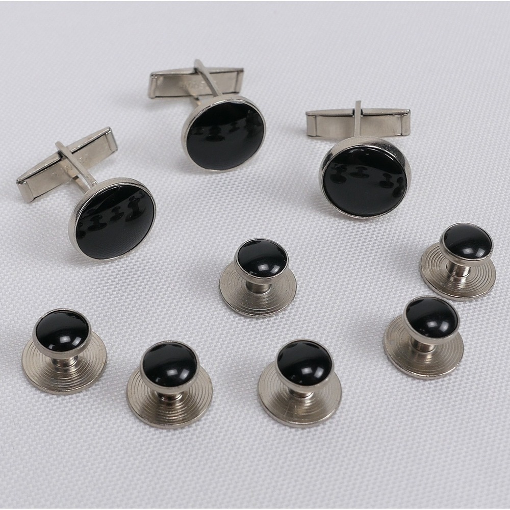 VTG Pioneer Mens Tuxedo Cufflink and Stud Set Silver Tone Black Cabochon 9 Piece